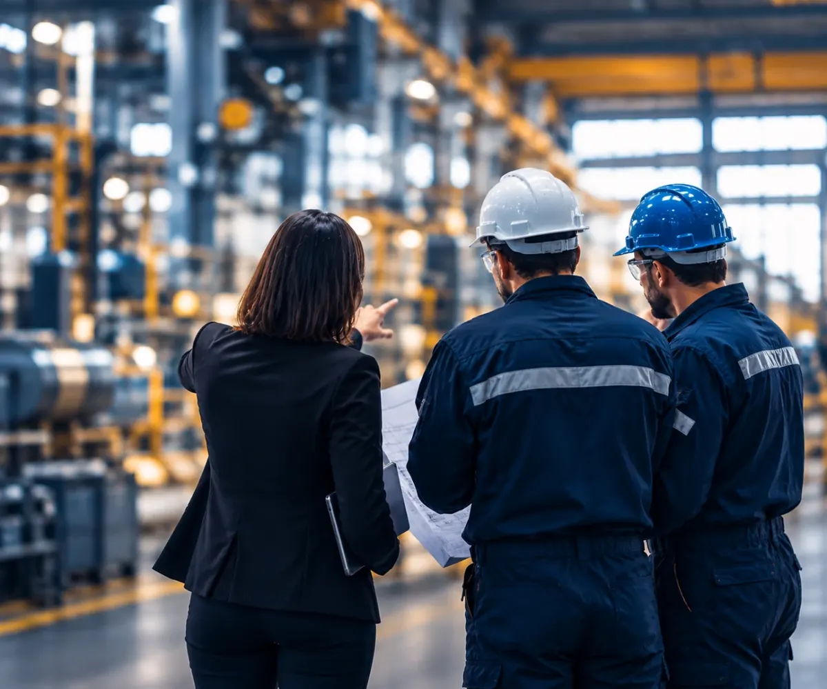 Une consultante échange avec des techniciens dans un atelier industriel